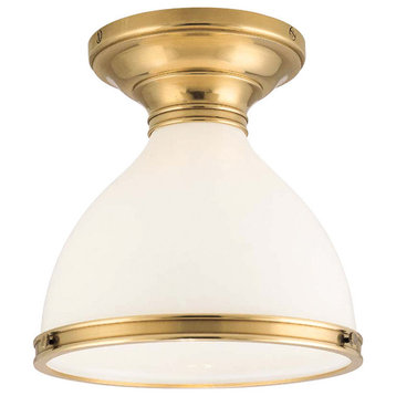 Randolph, One Light Semi Flush, Aged Brass Finish, Opal Glossy Glass Shade