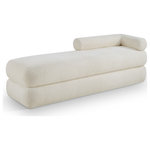 Meridian Furniture - Kennedy Upholstered Bench, Cream, Teddy Fabric - Cozy never looked so good as when you're curled up on this Kennedy cream faux shearling teddy fabric bench. The posh teddy fabric is ultra soft and welcoming, inviting you to lounge around and take it easy for a moment. A unique shape makes this bench an eye-grabbing addition to your living room or bedroom, with its channel base giving it added textural appeal. Contemporary by design, this bench bridges the gap between modern and traditional, so it's an easy fit wherever you choose to use it.