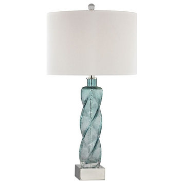 Aqua-Polished Nickel Table Lamp Made Of Glass And Metal And Faux Silk A White