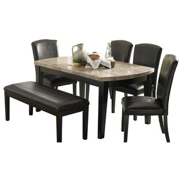 6-Piece Cybart Casual Dining Set Marble Table, 4 Chair, Bench, Black