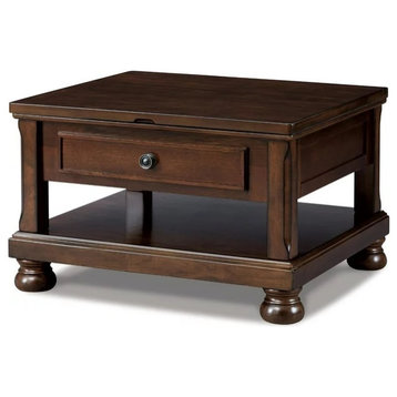 Traditional Coffee Table, Bun Feet & Framed Drawer With Round Knob, Burnt Brown