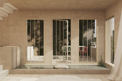 Diseño de salón abierto y beige y blanco contemporáneo de tamaño medio de obra con paredes beige y suelo de madera clara