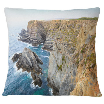 Blue Rocky Bay Portugal Panorama Seashore Throw Pillow, 18"x18"