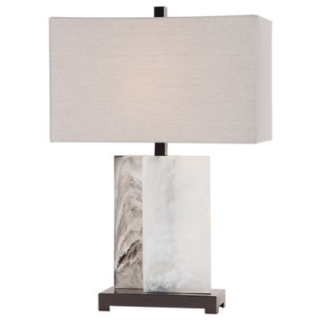 Luxe White Gray Slab Geometric Table Lamp | Faux Marble Silver Black Layered