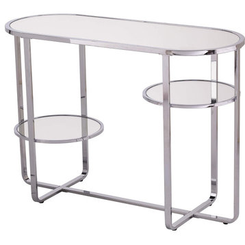 Contemporary Console Table, X Shaped Base With Circular Shelves, Polished Chrome