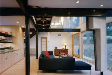 Large minimalist open concept light wood floor living room photo in DC Metro with white walls