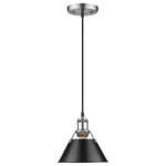 Golden Lighting - Orwell Mini Pendant, 7", Pewter, Black Shade - Orwell is an extensive assortment of industrial style fixtures. The beauty and character of the collection are in the refined details. This transitional series works well in a variety of settings. Partial shades shield the eyes from possible hot spots, while the open tops tease onlookers with a view of the sockets and bulbs. The design allows light and heat to escape from above and below the metal shades, providing both task and ambient lighting. Edison bulbs are recommended to compete the vintage, industrial look of the fixtures. A choice-selection of finish and shade color combinations heighten the appeal of the series. Opal glass shades are available for bath fixtures. Single pendants are suspended from woven fabric cords while multi-light fixtures are rod-hung.