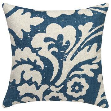 Jacobean Floral Printed Linen Pillow With Feather-Down Insert, Navy Blue