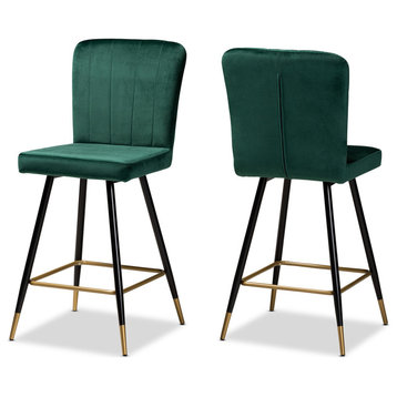 Preston Green Velvet and Black and Gold Finished Metal 2-Piece Bar Stool Set