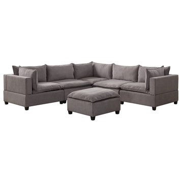 Madison Down Feather 6 Piece Modular Sectional Sofa With Ottoman, Light Gray