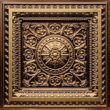 24"x24" D223 PVC Faux Tin Drop-in Ceiling Tiles Made of PVC, Set of 6, Antique Gold