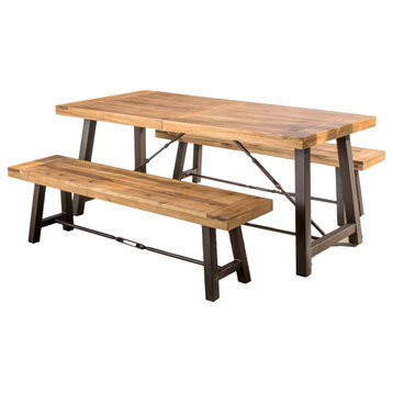 3 Piece Dining Set, Rectangular Table & 2 Benches With Metal Legs, Teak Finish