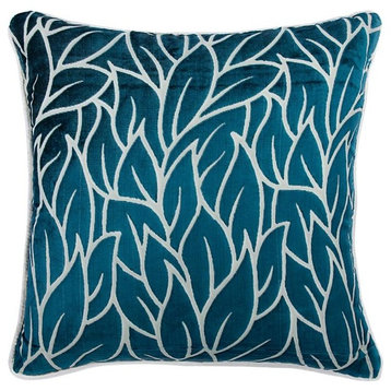 Leaf Teal Blue Burnout Velvet 24"x24" Pillow Cover, Teal Blue Spruce