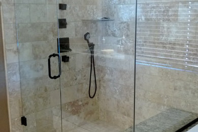 Inspiration for a mid-sized modern 3/4 gray tile and ceramic tile limestone floor bathroom remodel in Denver with beige walls