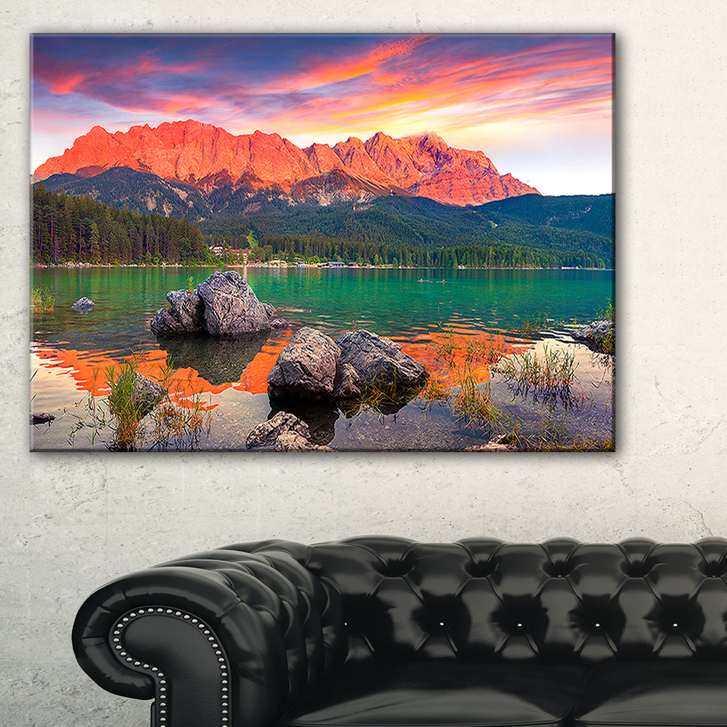 Visual Reference: Colorful Eibsee Lake Sunset Landscape Photo Wall Art 32 X16