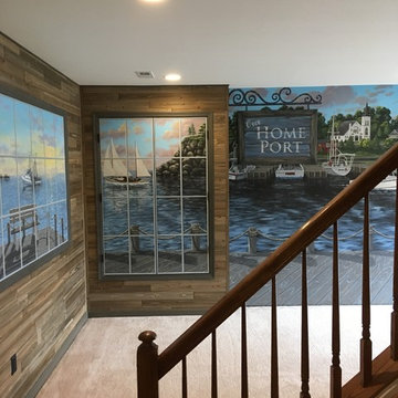 New England Harbor Town Mural, hand painted throughout a lower level