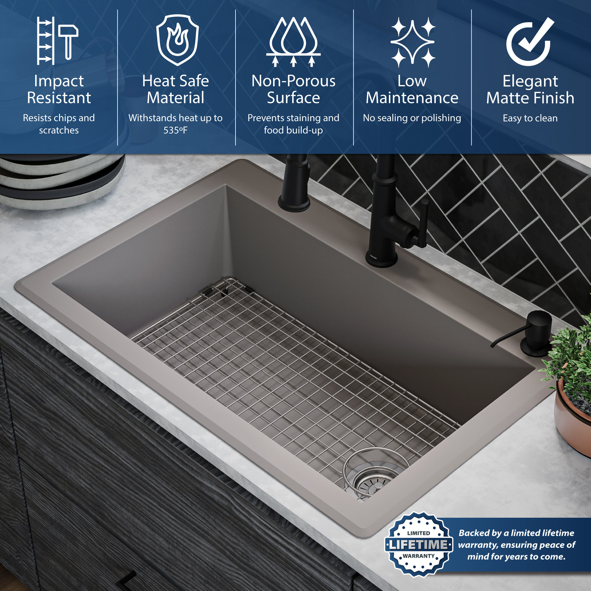 Karran Drop-In Quartz 33" 1-Hole Single Bowl Kitchen Sink Kit, Concrete