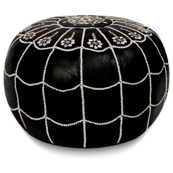 Moroccan Leather Stuffed Pouf, Black With White Stripes