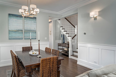 Great room - mid-sized coastal dark wood floor great room idea in Chicago with gray walls