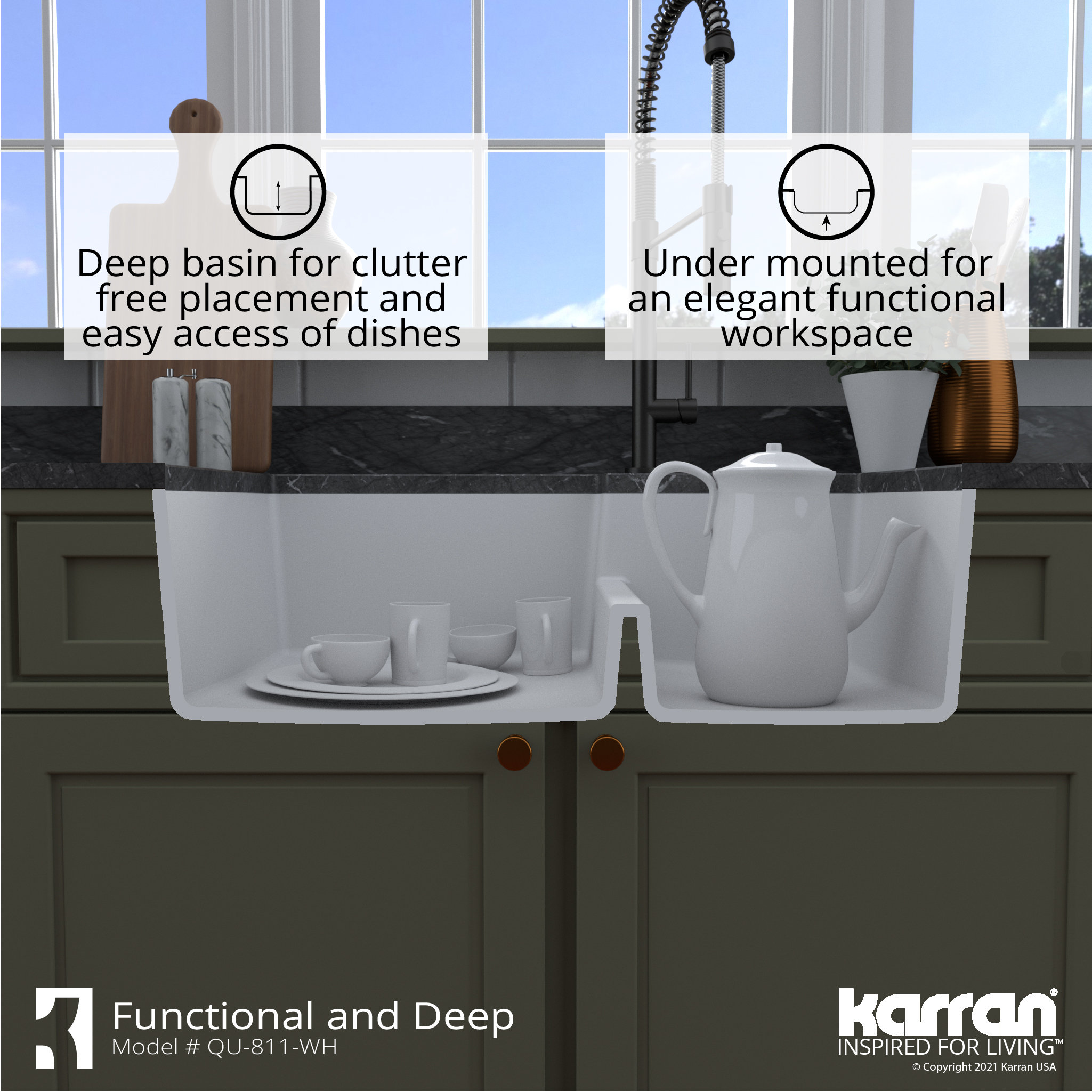 Karran 32" Undermount Large/Small Bowl Quartz Kitchen Sink, White