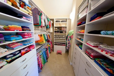 Mid-sized modern women's walk-in wardrobe in Denver with open cabinets, white cabinets and carpet.