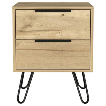 Nuvo 22-inch Tall Nightstand, 2 Drawers, and Hairpin Legs, Light Oak