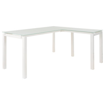 Benzara BM190070 Metal L Shape Desk with Frosted Glass Top and Block Legs, White