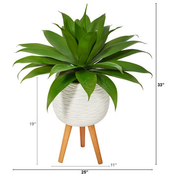 33" Agave Succulent Artificial Plant, White Planter With Stand