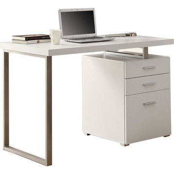 Modern Office Desk, White Finish With File Drawers