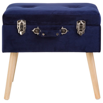 19.70" Navy Blue Velvet Upholstered Storage Stool