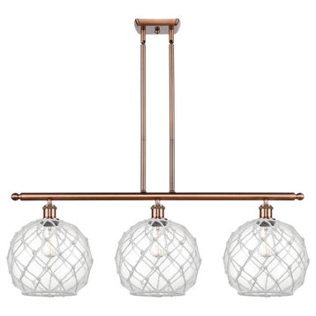 Farmhouse 3-Light Island-Light, Antique Copper, Clear Glass With White Rope