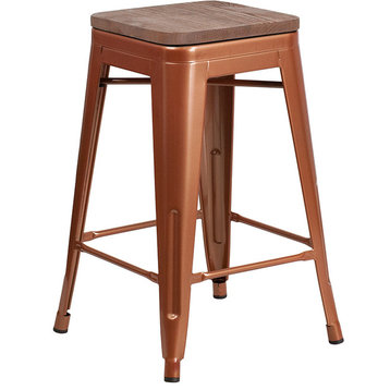 24" High Backless Copper Counter Height Stool With Square Wood Seat