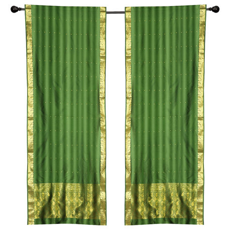 2 Boho Green Indian Sari Curtains Rod Pocket Window Panels Drapes -43W x 96L