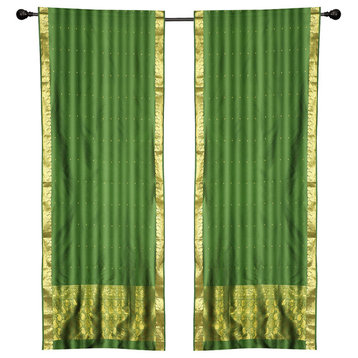 2 Boho Green Indian Sari Curtains Rod Pocket Window Panels Drapes -43W x 96L