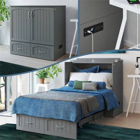 Southampton Twin XL Wood Murphy Bed Chest w/ Mattress & Built-in Charger in Gray