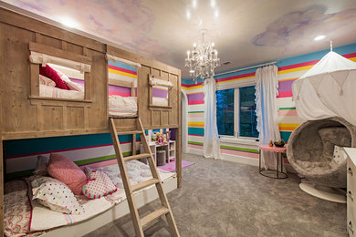 Inspiration for a mid-sized transitional kids' bedroom for kids 4-10 years old and girls in Cleveland with multi-coloured walls, carpet and grey floor.