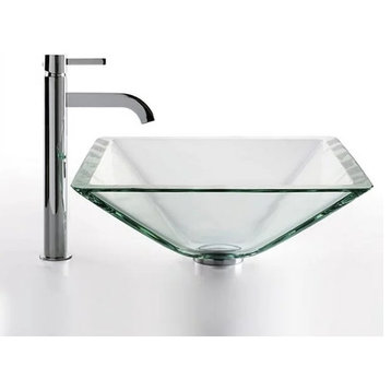 Above Counter Bathroom Sink & Tall Faucet, Geometric Glass Vessel, Chrome