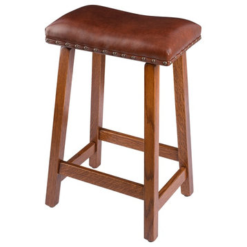 Rustic Urban Stool, Quarter Sawn Oak With Brown Leather Seat, Bar Height, 30"