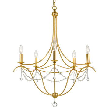 Metro 5-Light 32" Transitional Chandelier in Antique Gold with Clear Glass Bea