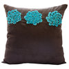 Turquoise Origami Flower Brown Faux Suede Fabric 16x16 Pillow Cover, Turq Blooms