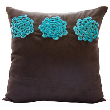 Turquoise Origami Flower Brown Faux Suede Fabric 22x22 Pillow Cover, Turq Blooms