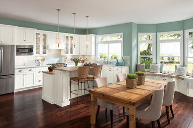 Elegant l-shaped eat-in kitchen photo in DC Metro with an undermount sink, beaded inset cabinets, white cabinets, quartzite countertops and stainless steel appliances