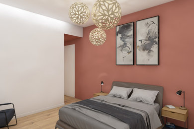 Idées déco pour une grande chambre parentale contemporaine avec un mur rouge, parquet clair et un sol marron.