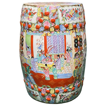 Vintage Oriental Famille Rose Mixed Color Porcelain Round Stool Ottoman Hcs7260
