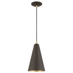 Livex Lighting - Dulce 1 Light Bronze With Antique Brass Accents Mini Pendant - Featuring a clean and crisp modern look, the Dulce mini pendant makes a contemporary statement with the smooth cone shape of its bronze exterior.  A gleaming gold finish on the interior of the metal shade brings a refined touch of style. It will look perfect above a kitchen counter.