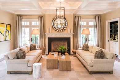 Inspiration for a large contemporary open concept carpeted living room remodel in New York with a bar, beige walls, a standard fireplace, a wood fireplace surround and no tv