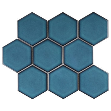 4 x 4 Hexagon Porcelain Mosaic Tile Backsplash, Satin, Blue