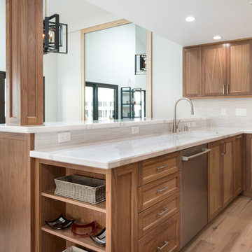 Transitional Open Kitchen with Natural Walnut Cabinetry