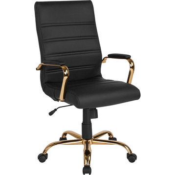 High Back Black Leather Executive Swivel Office Chair With Gold Frame and Arms