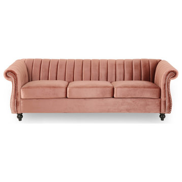 Olga Modern Glam Velvet 3 Seater Sofa, Blush, Dark Brown
